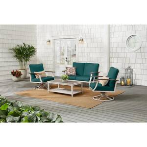 Marina Point 4-Piece White Steel Outdoor Patio Conversation Seating Set with CushionGuard Malachite Green Cushions