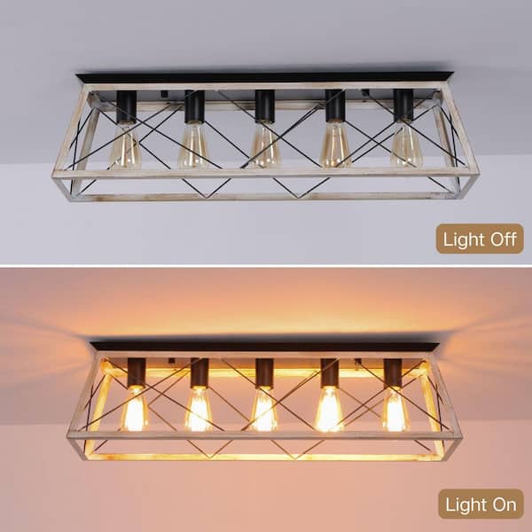 Tresson 31.5 in. 5-Light Modern Farmhouse Oka White Metal Flush Mount Ceiling Light for Living Room Kitchen Island