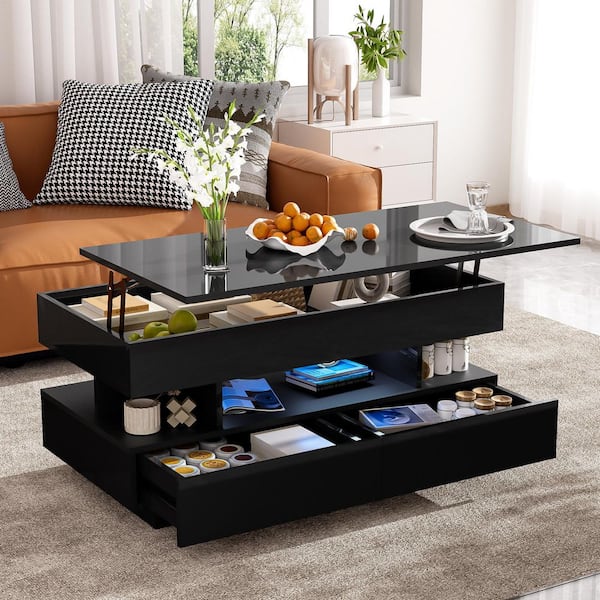High-Gloss 39.3 in. Black Rectangle MDF Lift-Top Coffee Table with 2 Drawers, Storage Compartments