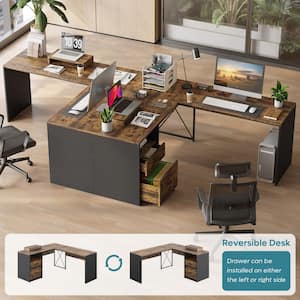 55.8 in. Rustic Brown L-Shaped Computer Desk with Monitor Stand and 2-Reversible Storage-Drawers