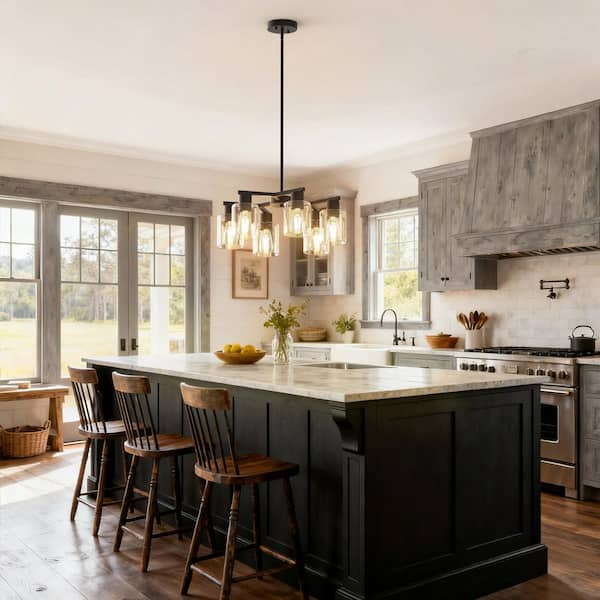 6-Light Black Farmhouse Chandelier with Adjustable Height, Industrial Clear Glass Pendant Light for Dining Room