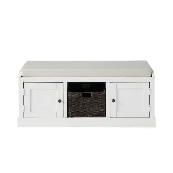 Tidoin White Wood Storage Bench with 2-Doors and 1-Basket 18.3 in. x 45.7 in. x 15.7 in.