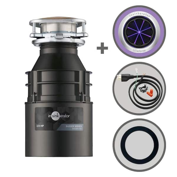 Badger 700,3/4 HP Continuous Feed Kitchen Garbage Disposal with Power Cord, Putty-Free Sink Seal and LEDefense Flange