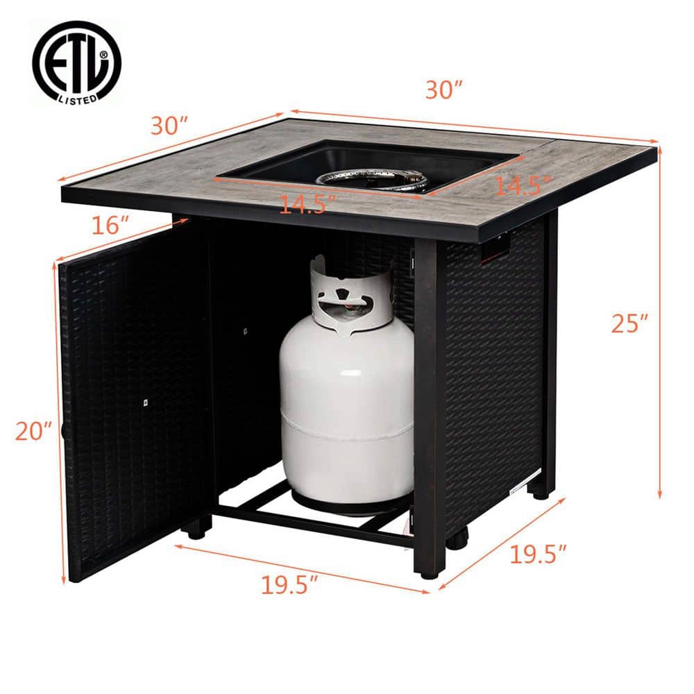 30" Black Steel Square Gas Fire Pit Table with Ceramic Tile Top