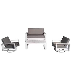 4-Piece Aluminum Patio Conversation Set with Gray Cushions and White Coffee Table - 2 Swivel plus Loveseat