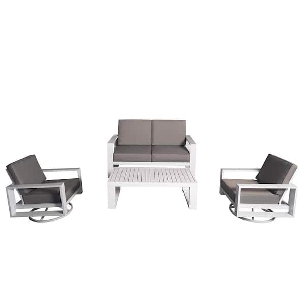 PATIOPTION 4-Piece Aluminum Patio Conversation Set with Gray Cushions and White Coffee Table - 2 Swivel plus Loveseat