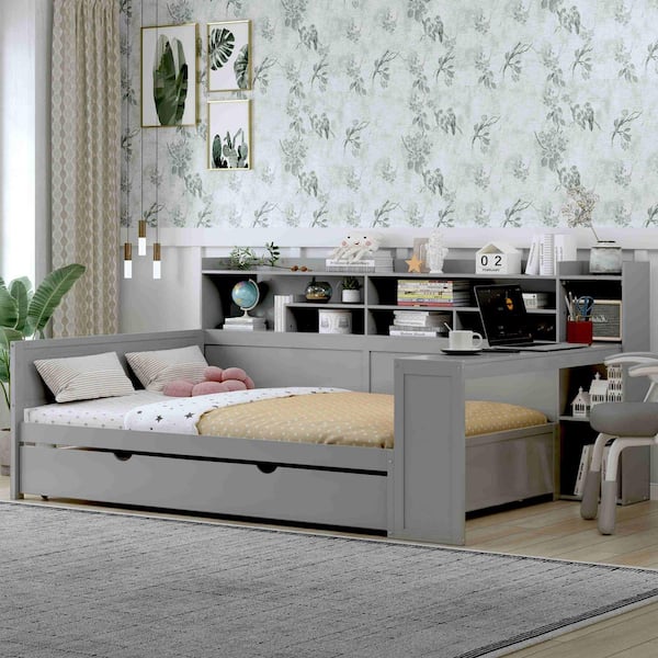Gray Full Daybed with Storage Shelves, Twin Size Trundle Bed and Study Desk
