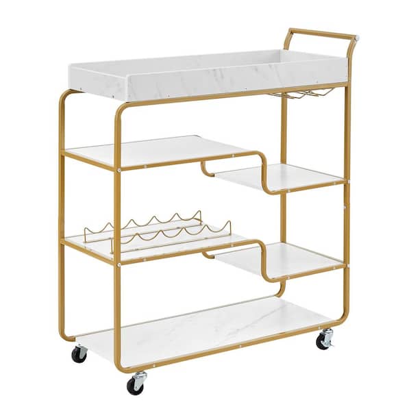 Angel Sar 6-Tier Metal Slide Bar Serving Cart with Wine Rack and Glass Holder for Home Kitchen, White and Gold