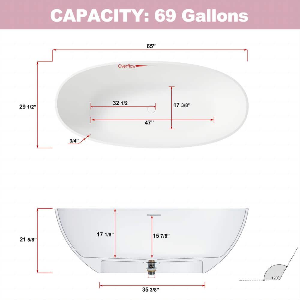 65" White Acrylic Freestanding Soaking Bathtub with Drain