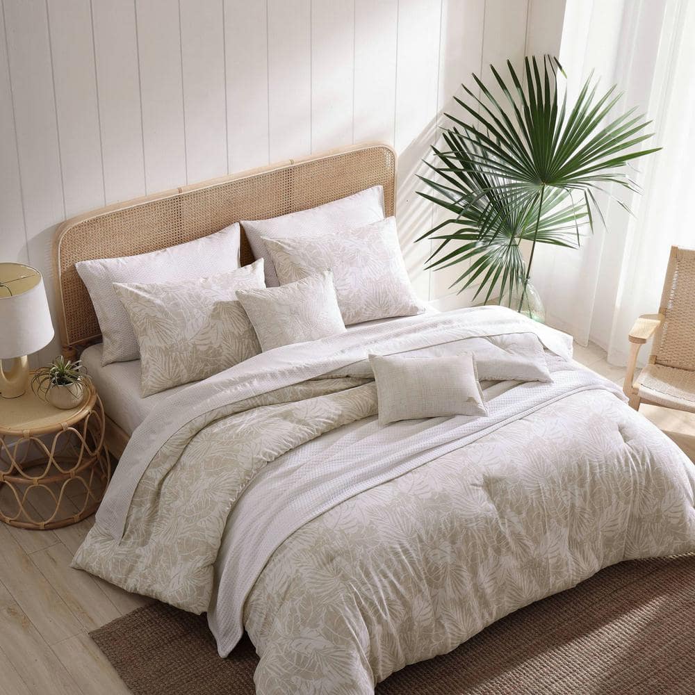 Full Beige Cotton Reversible Comforter Set with Pillows