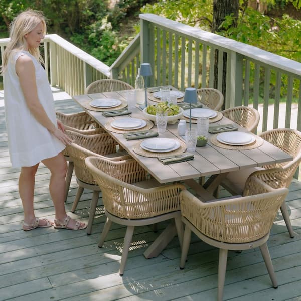 9-Piece Aluminum All-Weather PE Rattan Rectangular Outdoor Dining Set with Cushion, Champagne