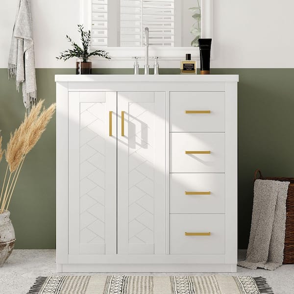 Polibi 30 in. Freestanding White Bath Vanity with White Ceramic Top, 3-Drawers and Soft Closing Doors