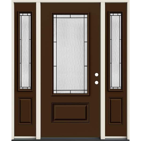 JELD-WEN 60 in. x 80 in. Left-Hand 3/4 Lite Decorative Glass Wendover Dark Chocolate Fiberglass Prehung Front Door w/Sidelites