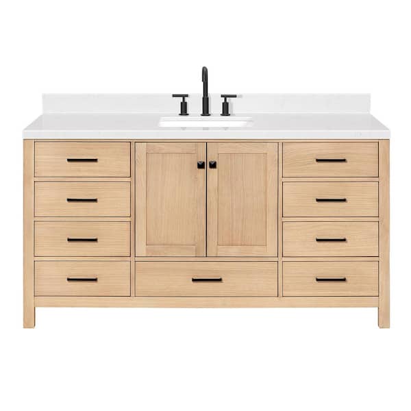Cambridge 66 in. W x 22 in. D x 36 in. H Single Rectangle Sink Bath Vanity in Oak with Carrara White Quartz Top