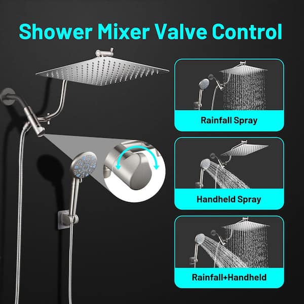 Rainfull 2-in-1 9-Spray Patterns Adjustable Fixed Shower Head with Filter 2.5 GPM and Handheld Shower Head in Nickel