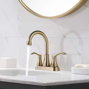 Oswell 4 in. Centerset Deck Mount Double Handle Bathroom Faucet with Drain Kit Included in Brushed Gold