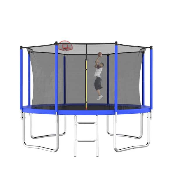 12 ft. Outdoor Deluxe Recreational Trampoline with Safety Enclosure Net, Basketball Hoop and Ladder, Blue