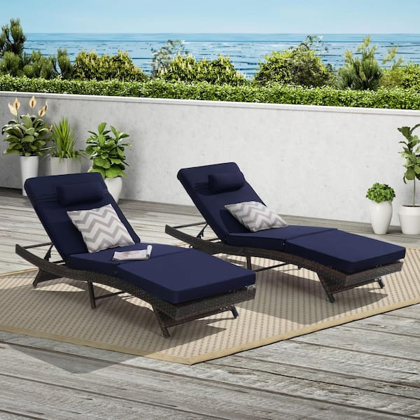 Sudzendf Wicker Outdoor Reclining Lounge Chair Sunbathing Chairs with Dark Blue Cushions (Set of 2)