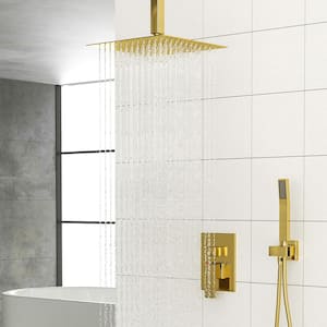 Dual Shower Head Ceiling Mount 12 in. Square 1.8 GPM with 2-Spray Shower Faucet in Gold (Valve Included)