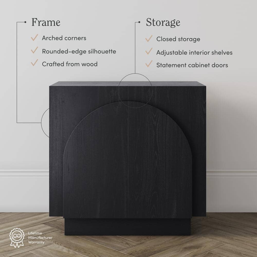 Iris Black Oak 31 in. Mid-Century Modern Wooden Credenza or Accent Cabinet with Adjustable Shelf and Arched Doors