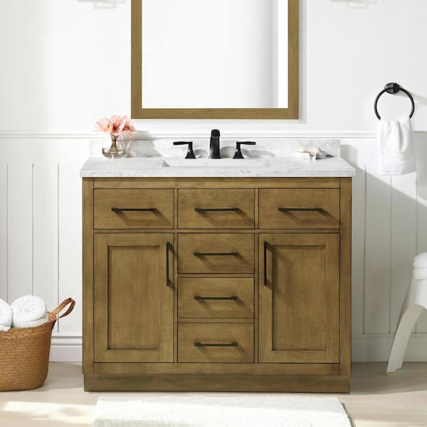OVE Decors Athea 42 in. Single Sink Almond Latte Bath Vanity with White Engineered Marble Top and Integrated Outlet (Assembled)
