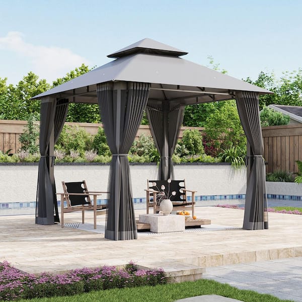 8 ft. x 8 ft. Gray Double Roof Polyester Soft Top Gazebo Canopy with Mosquito Netting, Event Tent