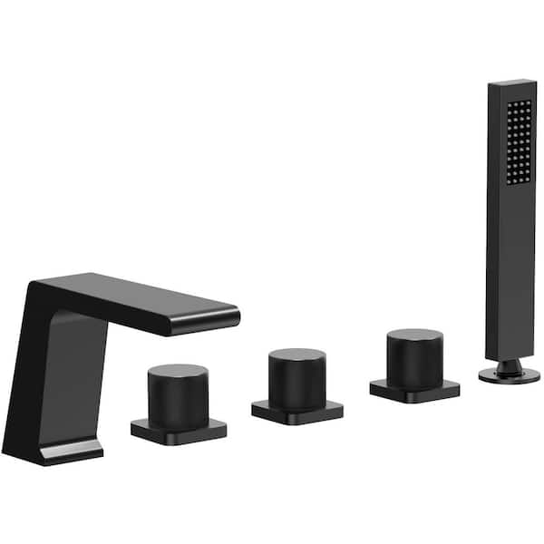 EVERSTEIN 3-Handle Tub-Mount Roman Tub Faucet with Hand Shower in Matte Black