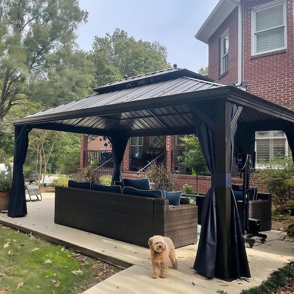 PURPLE LEAF 12 ft.x 16 ft.Bronze Aluminum Power-Coated Frame Galvanized Steel Double Roof Hardtop Gazebo,Hooks, Netting,Blue Curtain