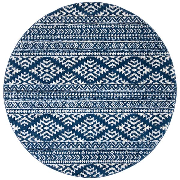 SAFAVIEH Tulum Navy/Ivory Doormat 3 ft. x 3 ft. Round Tribal Geometric Striped Area Rug