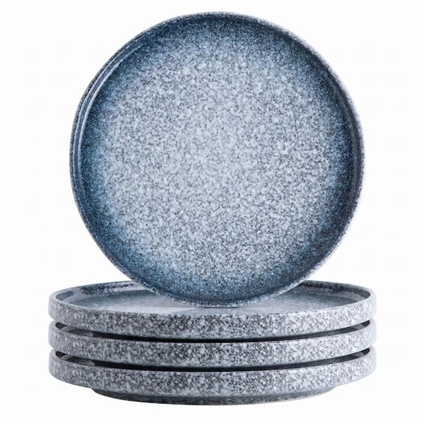 4-piece 10.5 in. Blue Ceramic Dinner Plates, Stoneware Plates with Lipped Edges, Decorative Raised Rim Plates