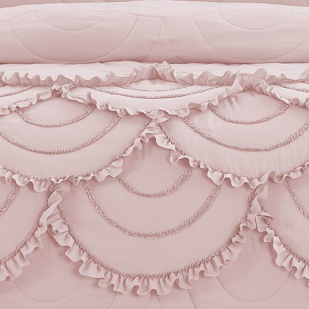 Blush Pink King Microfiber Scallop Ruffle Quilt Set