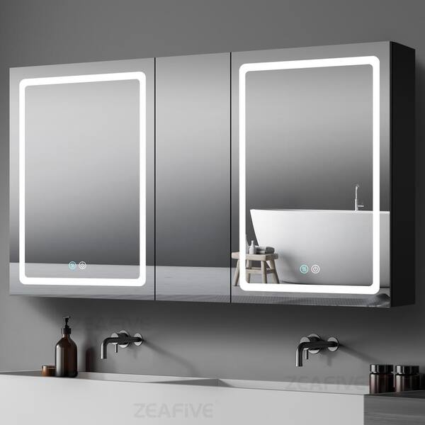 Zeafive 50 in. W x 30 in. H Surface Mount Rectangular Black Aluminum Defogging LED Medicine Cabinet with Mirror for Bathroom