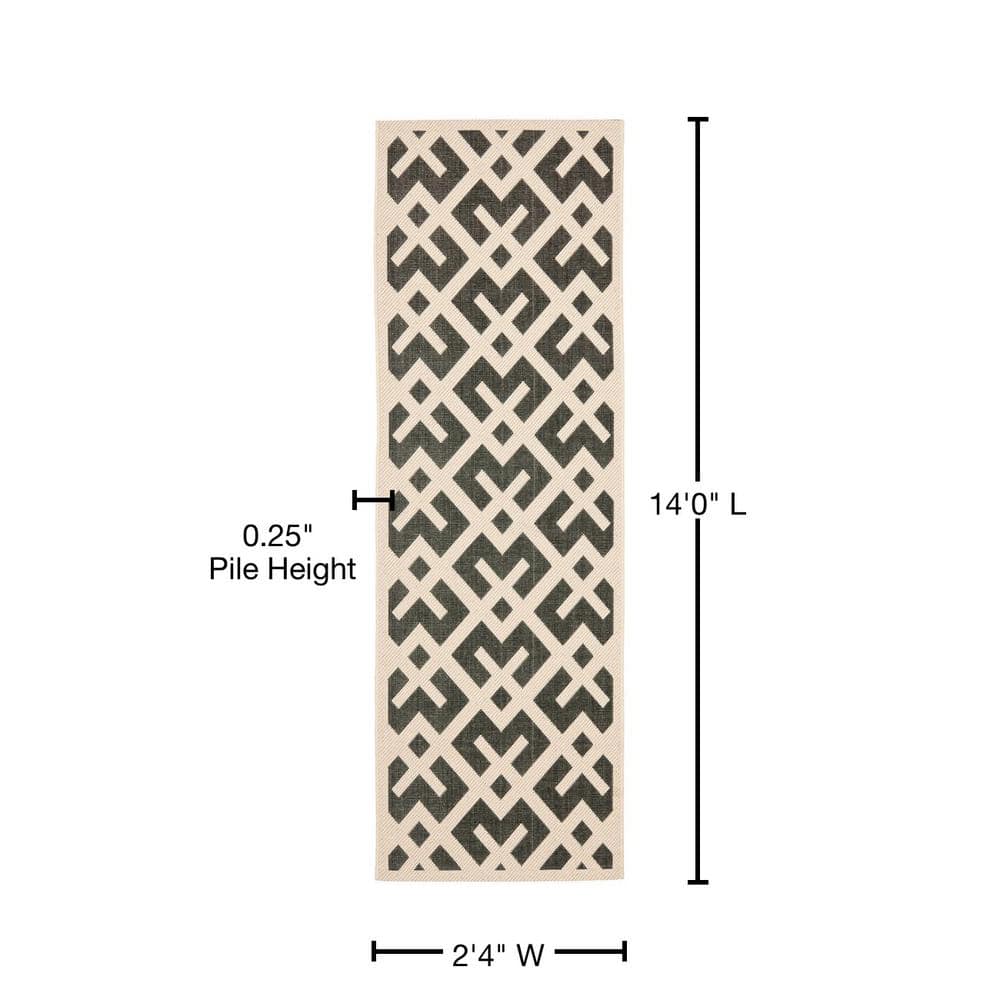 Black and Beige Geometric Synthetic Indoor/Outdoor Rug, 2'-4" x 14'