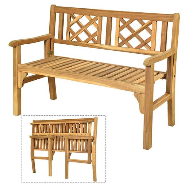 Costway 3-Person Acacia Wood Outdoor Bench Folding Armrest