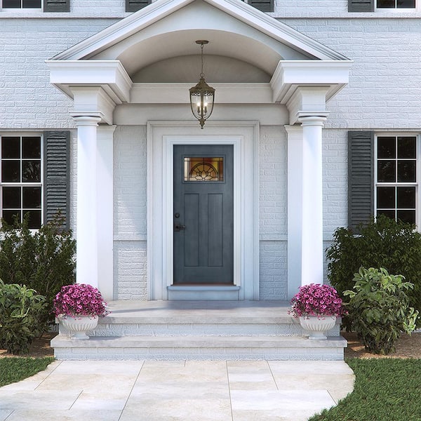 36 in. x 80 in. Right-Hand 1-Lite Craftsman Ardsley Denim Stained Fiberglass Prehung Front Door with Brickmould