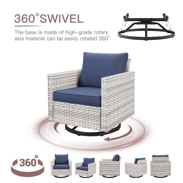 3-Piece LightBeige Wicker Patio Conversation Deep Seating Set with Blue Cushions Rocking Chairs