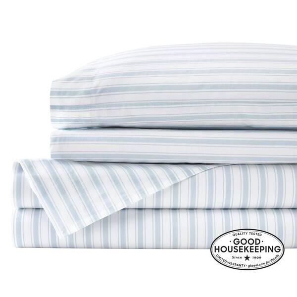 StyleWell Cotton Percale Crystal Bay Blue and White Stripe 4-Piece Queen  Sheet Set SU200SS-QEN-CSC - The Home Depot