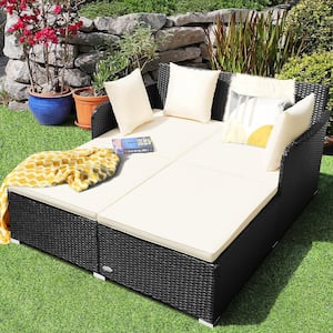 Wicker Patio Daybed Loveseat Sofa Yard Outdoor with White Cushions Pillows