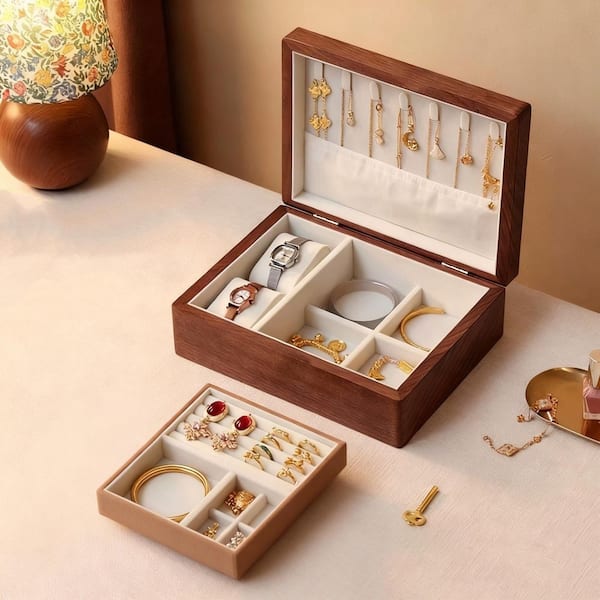 2 Layer Brown Rectangular Wood Jewelry Box with 5-Drawer