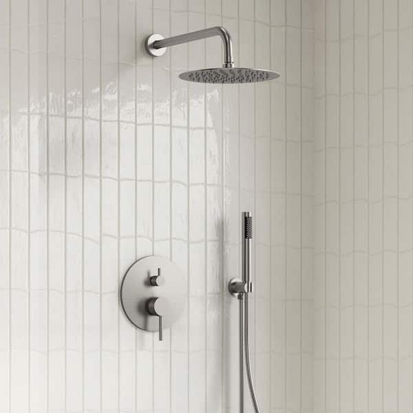 2-Spray Patterns Round 10 in. Wall Mount Dual Shower Heads with Handheld in Brushed Nickel