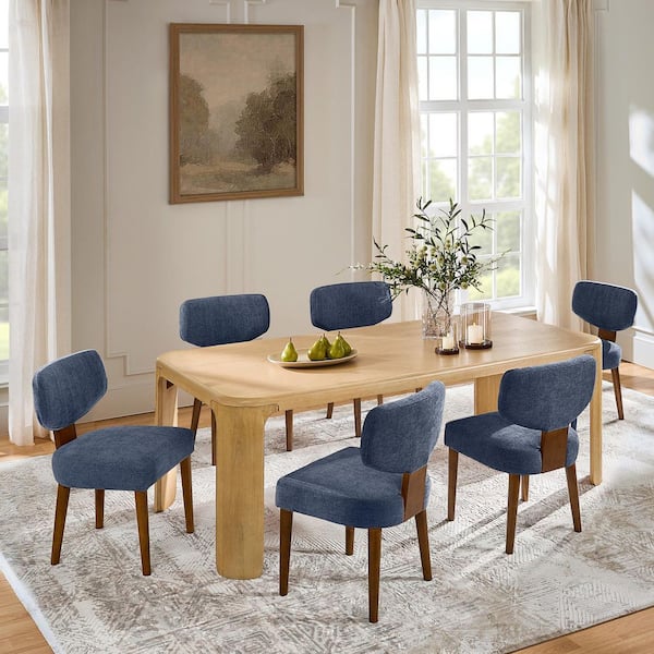 Lydia Blue Polyester Dining Chair with Solid Wood Legs and Curved Backrest (Set of 6)