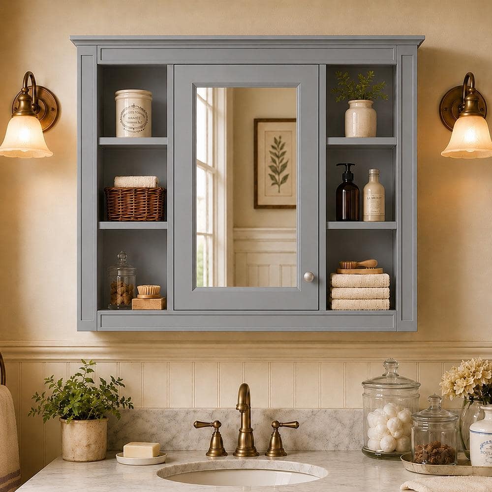 35'' x 28''  Wall Mounted Cabinet MDF Bathroom Storage Cabinet with Mirror with 6 Open Shelves in Gray price history on PriceWatchPro