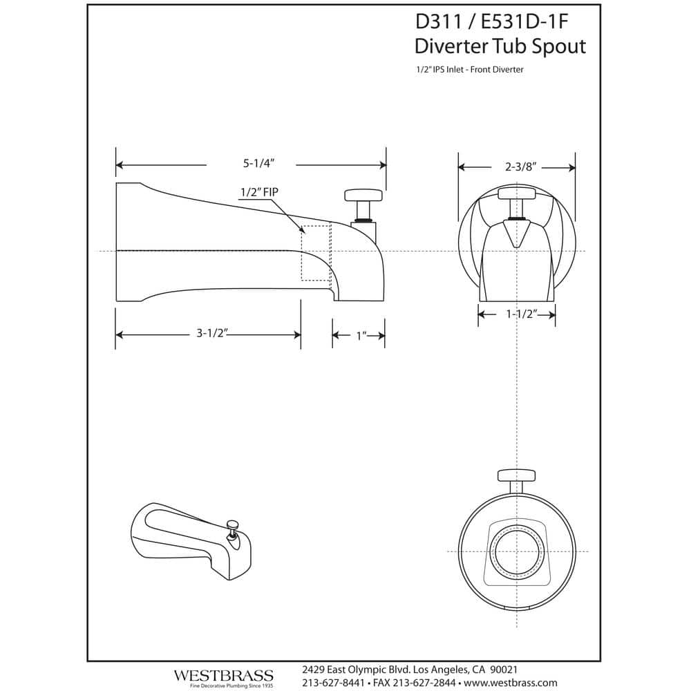 Matte Black Brass Wall Mounted Tub Spout with Diverter