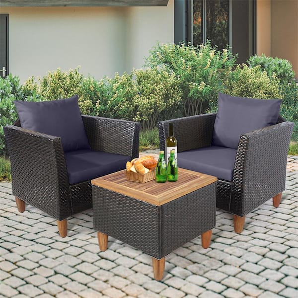 3-Piece Wicker Patio Conversation Set with Gray Cushions