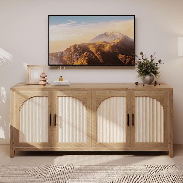 70 in. Modern English Oak  TV Stand Entertainment Center Fits TVs Up to 75 in. with 4-Arched Reeded Doors