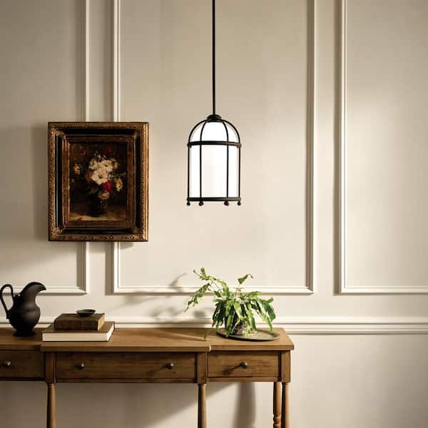 Topiary 1-Light Textured Black Vintage Cage Kitchen Pendant Hanging Light with Opal Glass Shade
