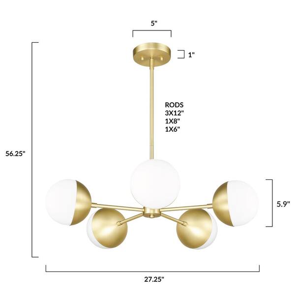 5-Light Chandelier Pendant Brushed Brass With White Frosted Globes E26 Holder 
