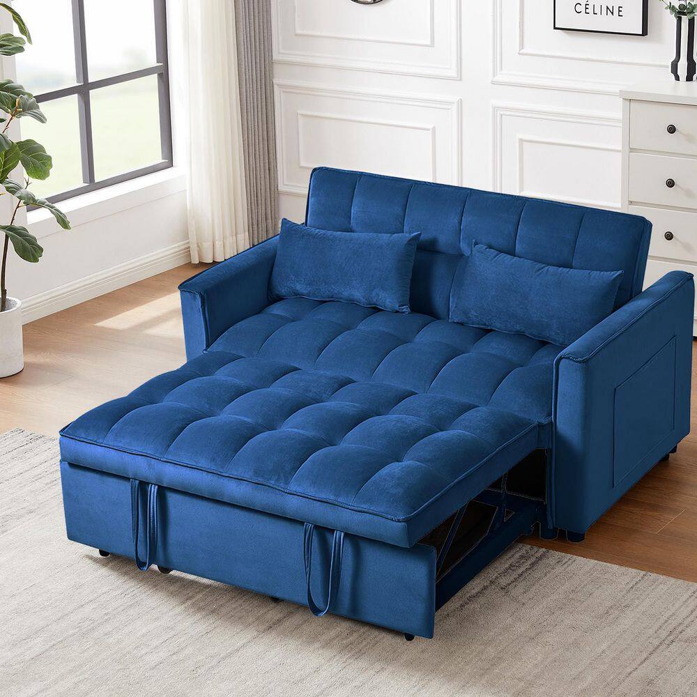 Seth 52.75 in. Blue Velvet Upholstery Full Size 3 in 1 Convertible Sofa Bed with Adjustable Backrest, Pillows, Pockets