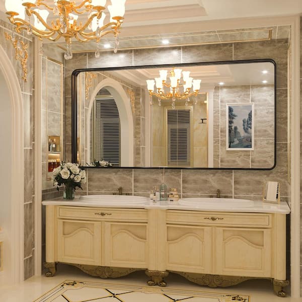 Apmir 72 in. W x 36 in. H Large Rectangular Tempered Glass & Aluminum Alloy Framed Wall Bathroom Vanity Mirror in matte Black