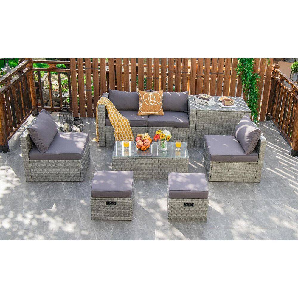 8-Piece Gray Wicker Patio Conversation Set with Cushions and Storage